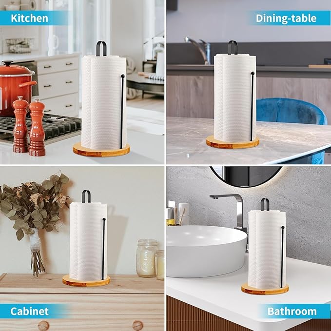 Wooden Paper Towel Holder Countertop, Kitchen-Towel-Holder FreeStanding with Side Bar for Kitchen Bathroom