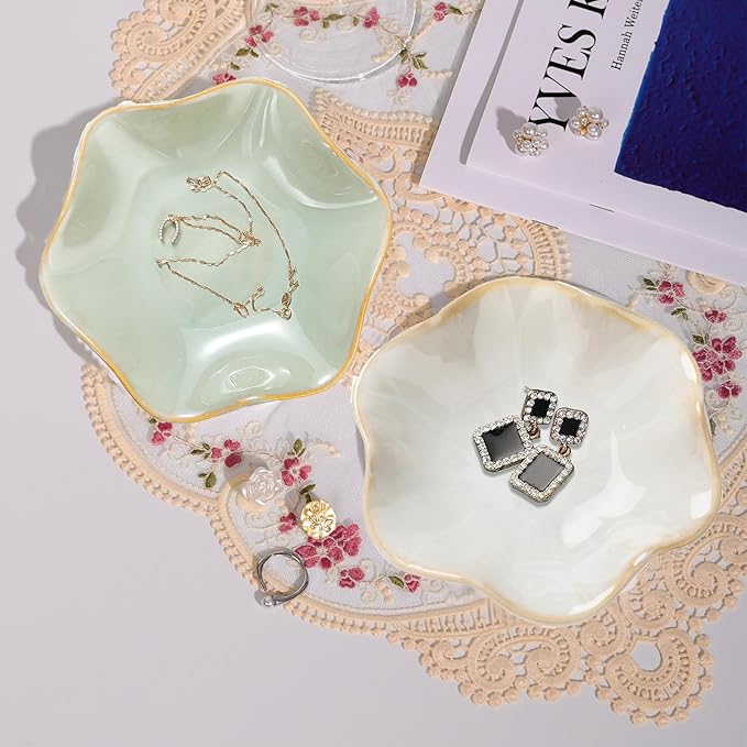 Binoster 2 Pcs Ceramic Jewelry Dish, Jewelry Tray Key Tray,Small Ring Dish Holder Jewelry Plate Trinket Dish Catchall Tray Nightstand Decor For Table Room Decor SM (4.3 In, White,Green)