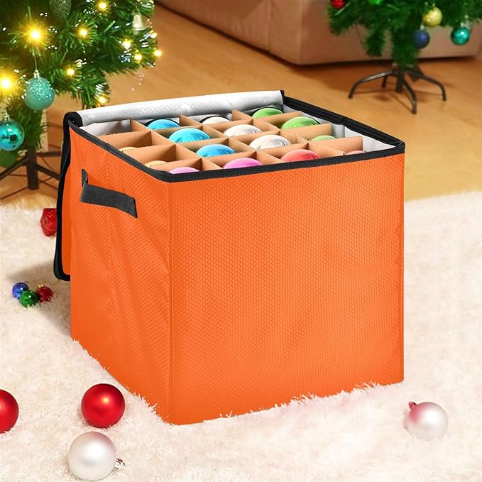 Orange Christmas Ornament Storage Basket Box Holiday Storage Container Cube with Adjustable Dividers for 64 Holiday Ornaments or Decorations Keeps Clean and Dry for Next Season