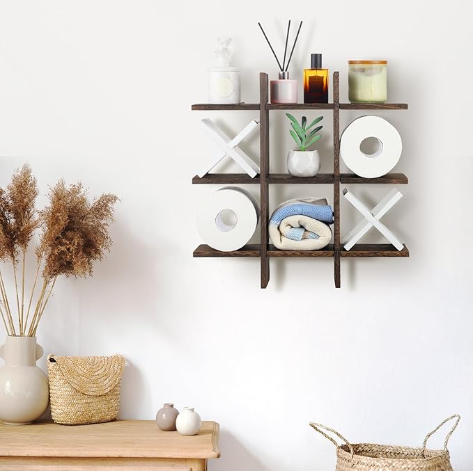 Weysat Tic Tac Toe Toilet Paper Holder Stand Bathroom Wall Decor Rustic Wooden Hanging Storage Freestanding Wall Mounted Shelves Decor for Toilet Tissue Farmhouse