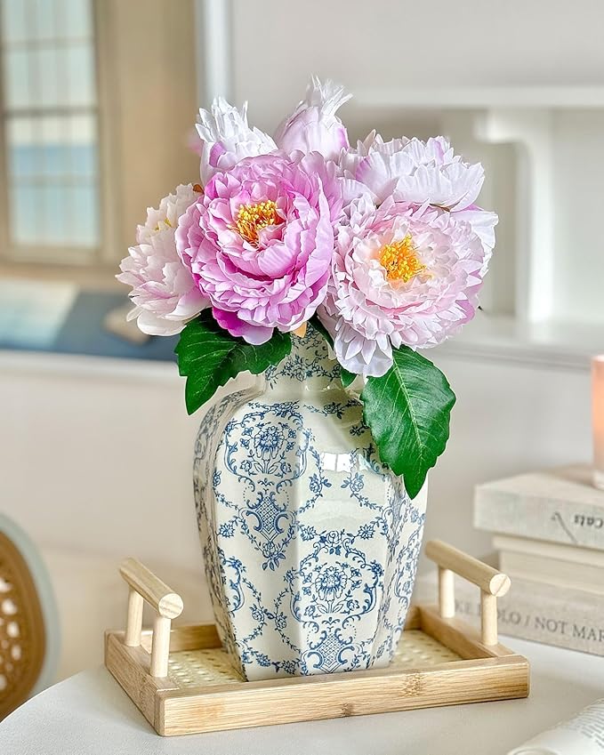 Vintage Blue Ceramic Vase, Blue and White Porcelain Decorative Flower Vase for Centerpiece Living Room Table Shelf, Chinoiserie French Country Decor