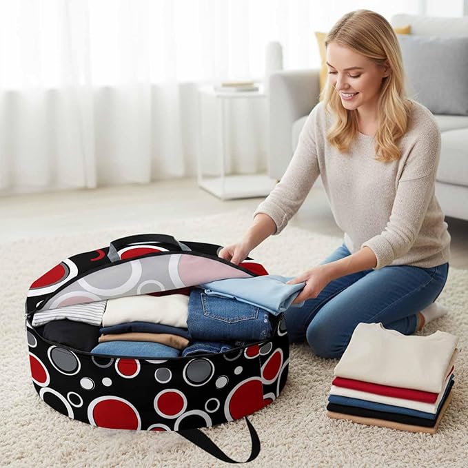 30 Inch Round Storage Bag 1 Pack,Abstract Red Black Circle Waterproof Wreath Storage Container with Handles&Zipper Color Block on Black Closet Organizer Bags Garland Box