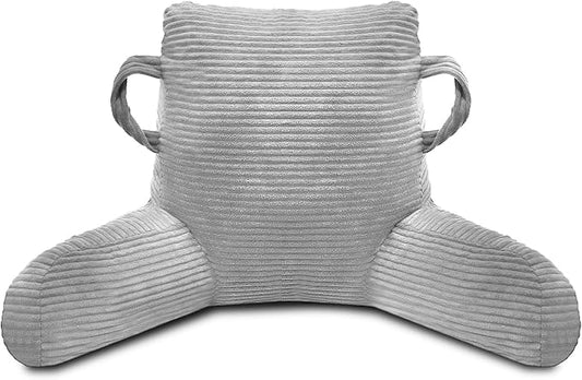 Reading Pillow for Sitting in Bed Adult, Bed Reading Pillow with Shredded Memory Foam, Back Pillow for Sitting with Arms and Pockets, LightGrey