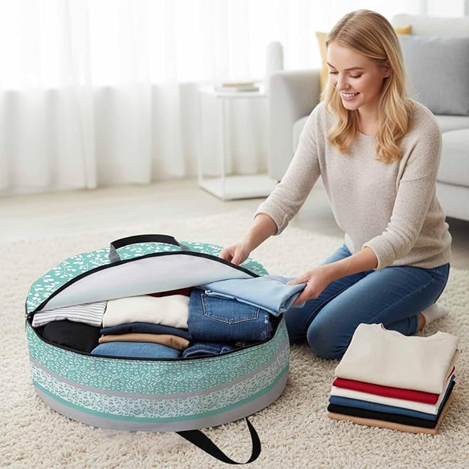 Storage Bag Aqua Grey Leaves Round Storage Totes Bins Closet Organizers with Zippers & Handle Stitching Stripes Clothes Storage Container for Bedroom Dorm Space Saving Packing Supplies Moving Bags