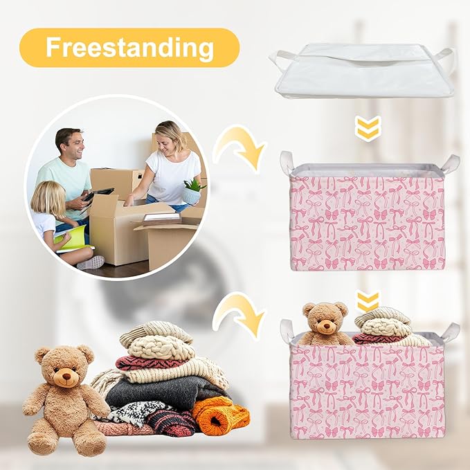 Pink Bow Foldable Storage Bins, Waterproof Toy and Clothes Organizer for Nursery Room, Pink Cute Decorative Fabric Basket for Girls Bedroom, Foldable Gift Box for Game Room, Bow Party Decor