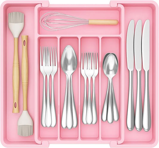 Lifewit Silverware Drawer Organizer, Expandable Utensil Tray for Kitchen, BPA Free Flatware and Cutlery Holder, Adjustable Plastic Storage for Spoons Forks Knives, 8.5"-14.1" x 12.1", Pink