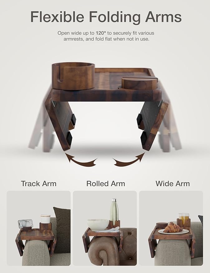 HOLANA Acacia Wood Couch Arm Tray, 15.74”x9.8” Arm Table for Couch - Couch Cup Holder Tray with Rotated Phone Holder, Cup Holder - Clip on Sofa Armchair Caddy with Non-Slip Pad (Walnut Color)