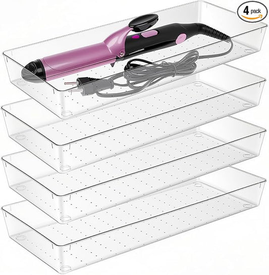 Manalete 4 Pack 15"x6" Extra Large Clear Plastic Drawer Organizer Trays, Multi-Purpose Storage Bins for Vanity, Makeup, Kitchen Utensils, Bathroom, Office Desk, Auto Tools & Craft Supplies