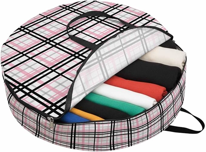 Storage Bag Pink Buffalo Plaid Round Storage Totes Bins Closet Organizers with Zippers & Handle Black Check Stripe Clothes Storage Container for Bedroom Dorm Space Saving Packing Supplies Moving Bags