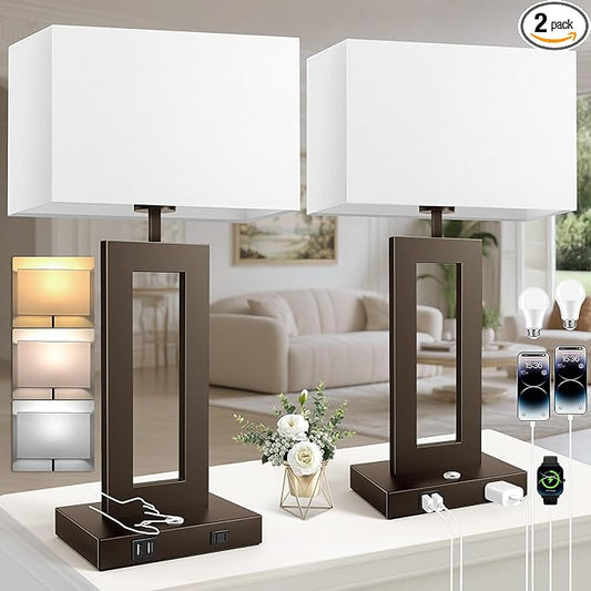 27.2’’ Tall Brown Table Lamps for Living Room Bedroom, Bedside Touch Control Lamps with 2 USB Ports&AC Outlet, 3 Color Temp.&Stepless Dimming Desk Lamp Sets for Home Office, Pre-assembled White Shade