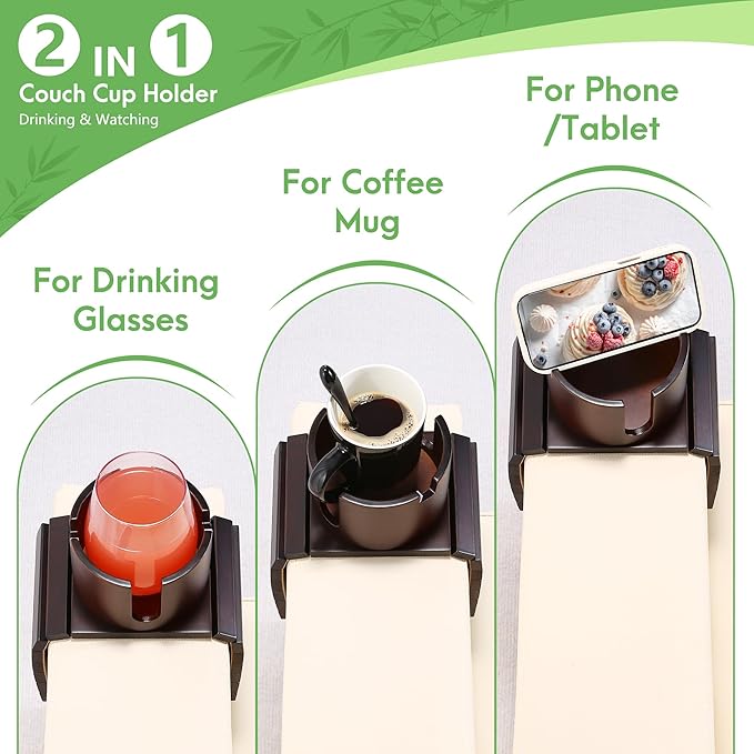 SINWANT Couch Cup Holder, 2 in 1 Bamboo Sofa Arm Clip on Cup Holder with 360°Rotated Phone Stand, Foldable Anti-Slip Couch Armrest Drink Holders for 3.93in Coffee Mug,Bottles,on Armrests