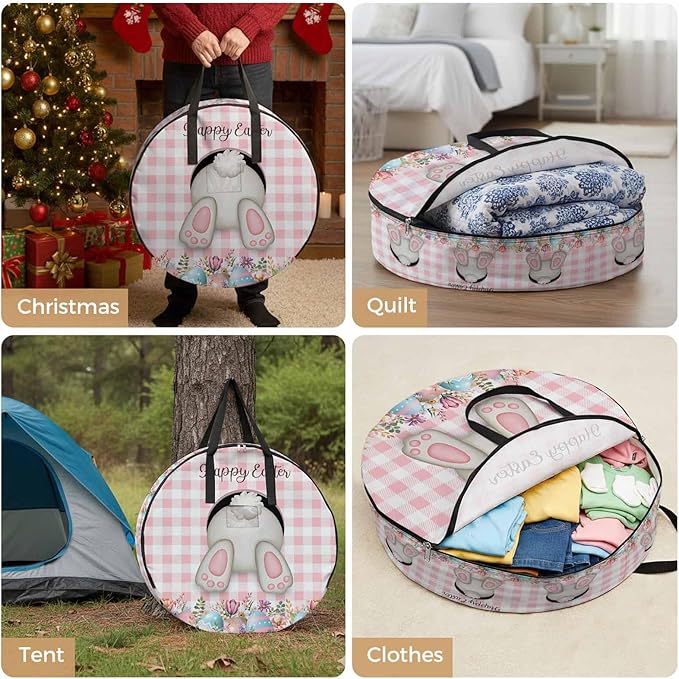 24 Inch Round Storage Bag 2 Pack,Funny Rabbits Butt Colorful Easter Eggs Waterproof Wreath Storage Container with Handles&Zipper Pink White Buffalo Tartan Closet Organizer Bags Garland Box