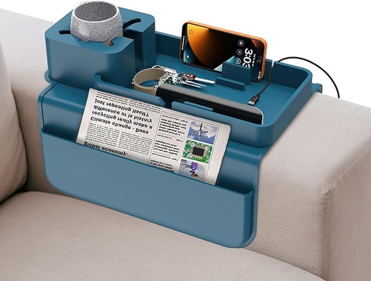 ENNVA Couch Arm Cup Holder Tray, Silicone Anti-Slip Sofa Armrest Table with Dual Side Storage Pockets, Drink Holder, Phone Stand & Remote Organizer, Couch Caddy for Wide Armrest (Blue)