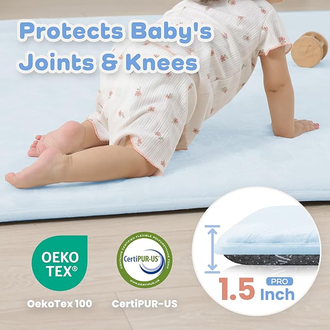 1.5" Super Thick Baby Play Mat for Floor, 79x118 Pro Soft Flannel Foam Mats for Toddler Infant Kids Crawling for Nursery Rug Playroom Living Room Waterproof Easy Care Non-Slip (Baby Blue)