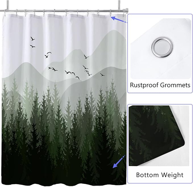 LLSCL Fabric Shower Curtain Liner with Magnets, Green Forest Waterproof Hotel Quality, 72 x 72 Machine Washable