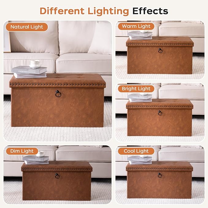 oakvivo 30 Inches Folding Storage Ottoman Bench, Ottoman PU Leather Tuffed End of Bed Bench, Foot Rest with Rivet Design, Ottoman with Storage, Load 330 lb, for Living Room, Bedroom, Entryway, Brown