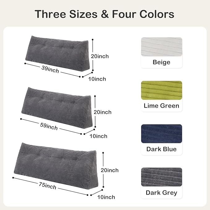 Headboard Pillow Twin, Wedge Headboard Pillow for Bed Sofa, Triangular Backrest Pillow with Removable Cover for Reading, Working, Sitting, Dark Grey
