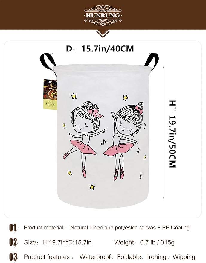 HUNRUNG Collapsible Fabric Storage Basket, Waterproof Laundry Hamper with Handles, Round Storage Bin for Clothes Toys, Foldable Organizer for Bedroom Nursery Bathroom(Round-Dancing girl)