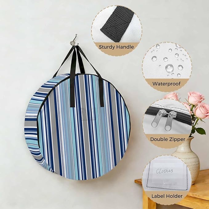 Storage Bag Teal Blue Striped Round Storage Totes Bins Closet Organizers with Zippers & Handle Geometric Navy Stripes Clothes Storage Container for Bedroom Dorm Space Saving Packing Supplies Bags