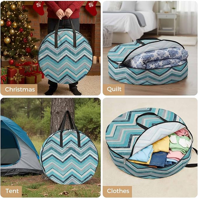 Storage Bag Aqua Turquoise Chevron Round Storage Totes Bins Closet Organizers with Zippers & Handle Geometric Design Stripe Clothes Storage Container for Bedroom Dorm Space Saving Packing Supplies