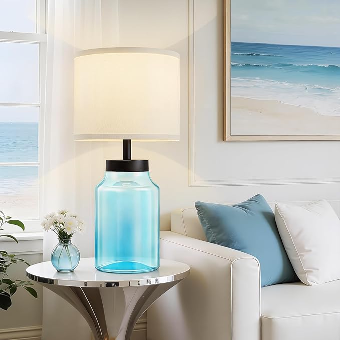 GyroVu Coastal Fillable Table Lamps, Bedside Lamps Set of 2 for Home Decor Nightstand Lamp with Clear Glass for Living Room Bedrooms Office Bulbs Included(Blue+White Shade)