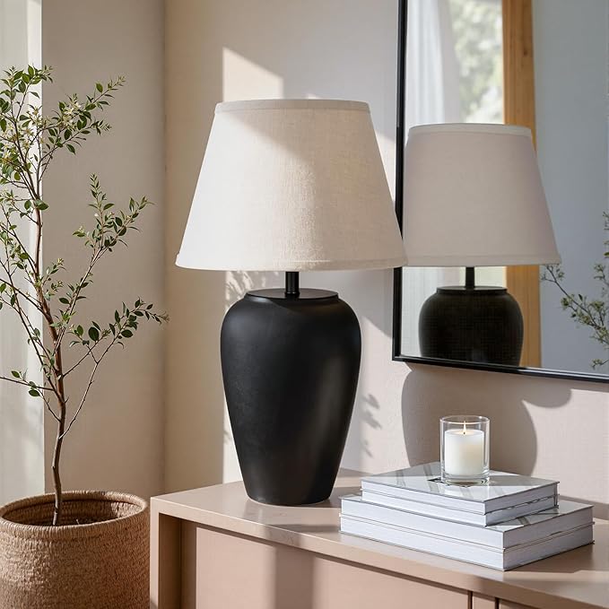 YEPDIN Ceramic Pot Table Lamp 21.25 inch Compact Frosted Nightstand Lamp, Tapered Fabric Shade Bedside, Ceramic Decorative for Living Room Bedroom House Office Entryway, TL3