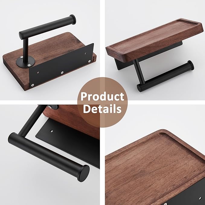 Toilet Paper Holder with Walnut Wood Shelf, Adhesive & Wall Mounted Toilet Paper Roll Holder, Black Stainless Steel Rustproof Toilet Paper Holder for Bathroom, Washroom, RV, Kitchen