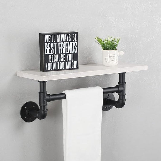 MBQQ Industrial Pipe Shelf Bathroom Shelves Wall Mounted,19.6in Rustic Wood Shelf with Towel Bar,1 Tier Farmhouse Towel Rack,Pipe Shelving Floating Shelves Towel Holder,Black & White