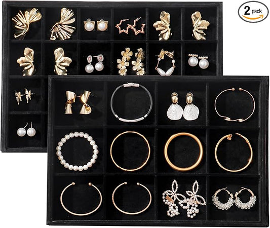 Large Velvet Jewelry Tray 2 Pack Stackable Jewelry Display Drawer Inserts Trays Organizer for Earring Bracelet Necklace Ring (Black, 12 Grids+24 Grids)