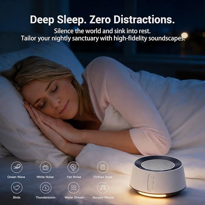 BGOVERSS White Noise Machine with Night Light – 20 Soothing Sounds, 10 Color Lights, 5 Timer Settings & Memory Function, Portable Sleep Sound Machine for Baby Nursery, Kids & Adults, Black