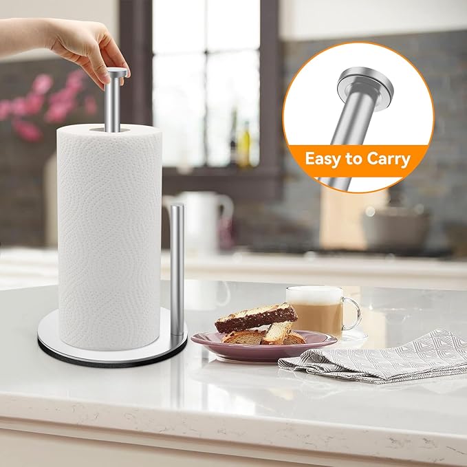 Paper Towel Holder for Kitchen, Countertop Paper Towel Holder, Silver Stainless Steel Paper Roll Holder, Weighted Paper Towel Stand for Standard and Large Size Rolls