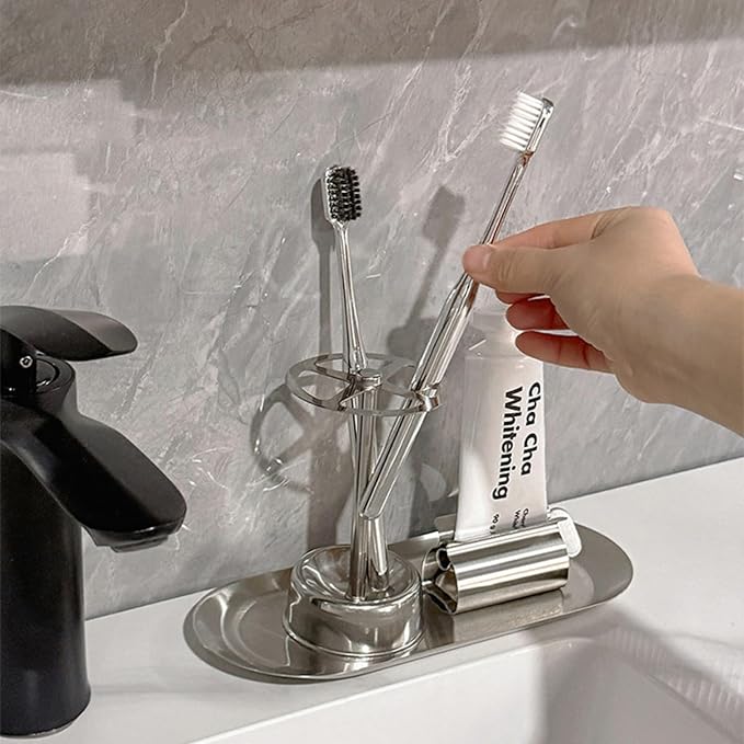 OUKENS Multi Functional Stainless Steel Toothbrush, Toothbrush Holder Stand, Holder Organizer Toothpaste Stand for Bathroom Vanity Countertop, Stylish Design