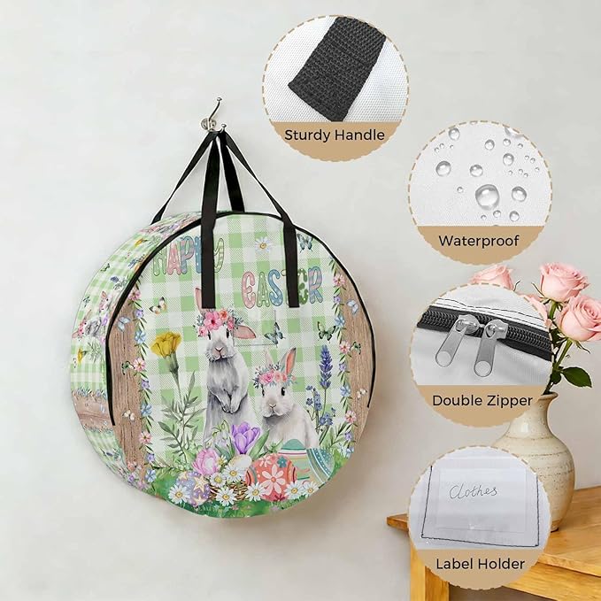24 Inch Round Storage Bag 2 Pack,Easter Bunny with Colored Eggs in Basket Waterproof Wreath Storage Container with Handles&Zipper Farm Vines on Wood Plank Closet Organizer Bags Garland Box