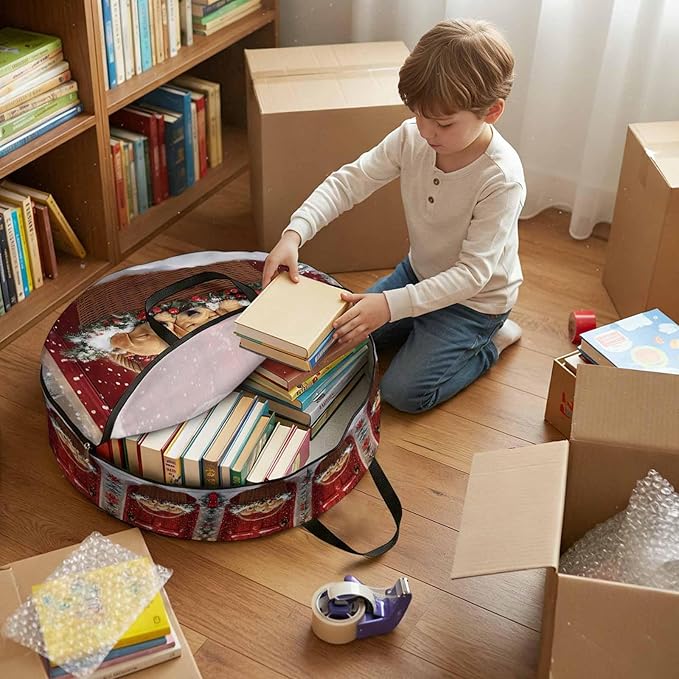 Winter Christmas Round Storage Bag 30 Inch, Golden Retriever Basket Red Front Door Clothes Storage Container with Handles Heavy Duty Organizer for Comforter, Bedding & Holiday Wreaths