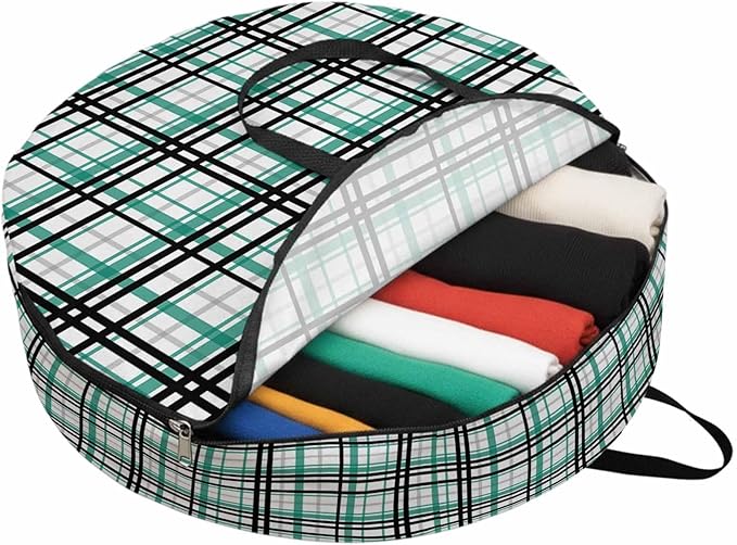 Storage Bag Green Buffalo Plaid Round Storage Totes Bins Closet Organizers with Zippers & Handle Black Check Stripe Clothes Storage Container for Bedroom Dorm Space Saving Packing Supplies Moving Bags
