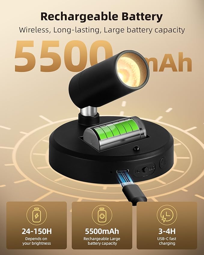 EZVALO Wireless LED Spotlights Indoor, 5500mAh Rechargeable Battery Powered Plants Spotlights Indoor, Dimmable & Timer, 3 CCT Small Up Lights with Remote, Accent Uplighting for Artwork, Tree(Black)