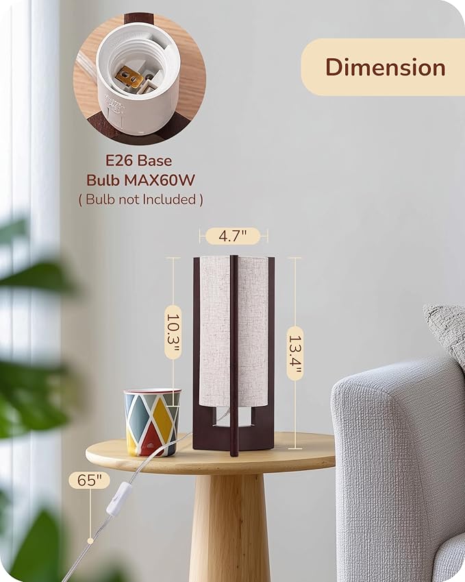 EDISHINE 13.5" Small Table Lamps, Walnut Wood Cylinder Bedside Lamp for Bedroom, Beige Linen Shade, Corner Modern Nightstand Lamp for Living Room, On-Off Switch, E26 Base (Bulb Not Included), 2Pack