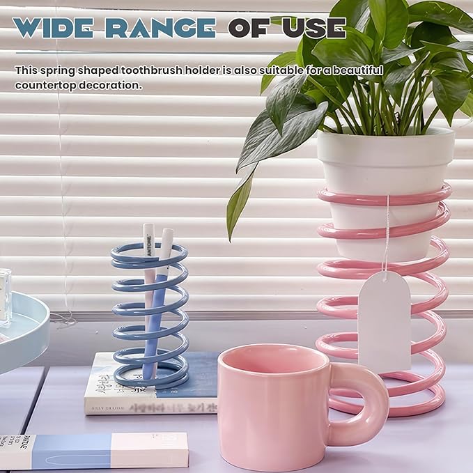 Spring Toothbrush Holder, Stainless Steel Spring Shaped Desktop Toothbrush Holder, Multifunctional Pen Holder Makeup Brush Toothbrush Storage for Bathroom Tabletop Dressing Table and Sink (Blue)