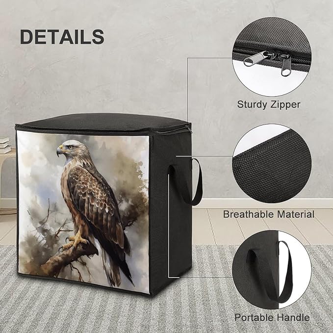 Watercolor of Hawk Sitting in The Tree Storage Bag Quilt Storage Bag with Sturdy Zippered Fashion Breathable Closet Organizer Storage Boxes with Carry Handles for Blanket Pillow Bedding