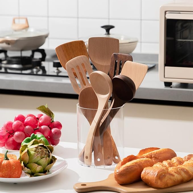 Threehoney Clear Acrylic Utensil Holder 6.3 Inch Kitchen Counter Utensil Crock Plastic Cooking Tool Organizer Easy to Clean Cooking Spoon Holder for Spatula Modern Kitchen Accessories