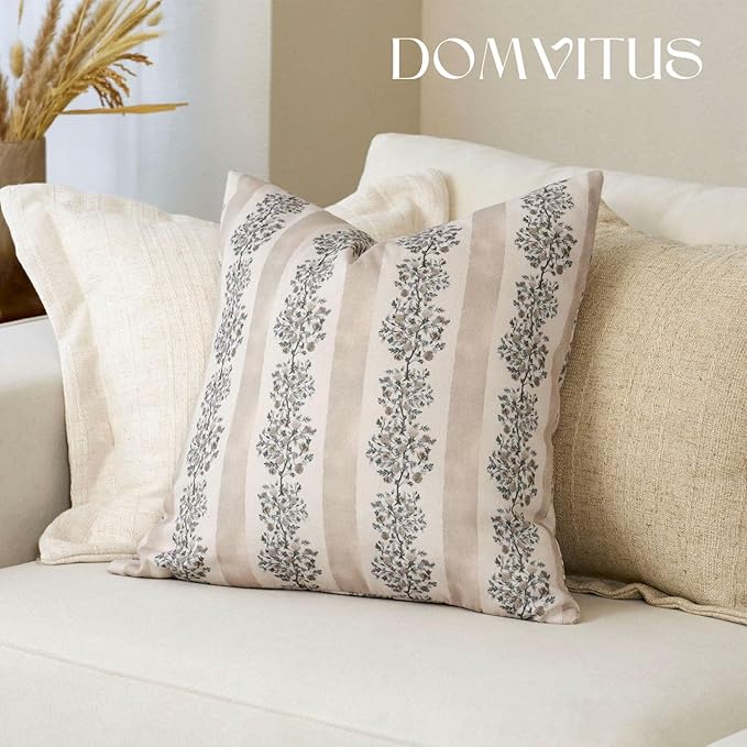 DOMVITUS Floral Throw Pillow Covers 20x20 Inch Set of 2, Block Print Decorative Pillow Covers Vintage Striped Neutral Farmhouse Boho Home Decor for Couch Sofa Bed Living Room, Neutral