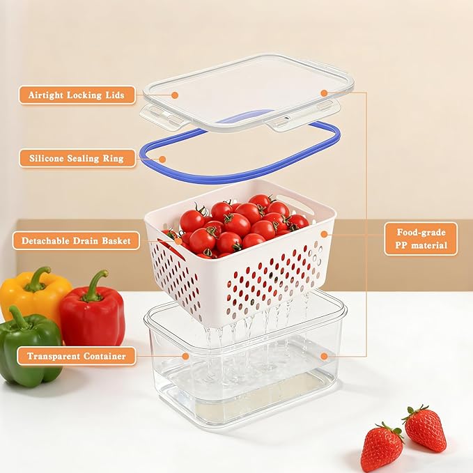 4 in 1 Food Storage Container, 3Pcs Fruit Storage Containers for Fridge with Removable Colanders, Produce Keeper Containers for Fridge with Lid and Strainer
