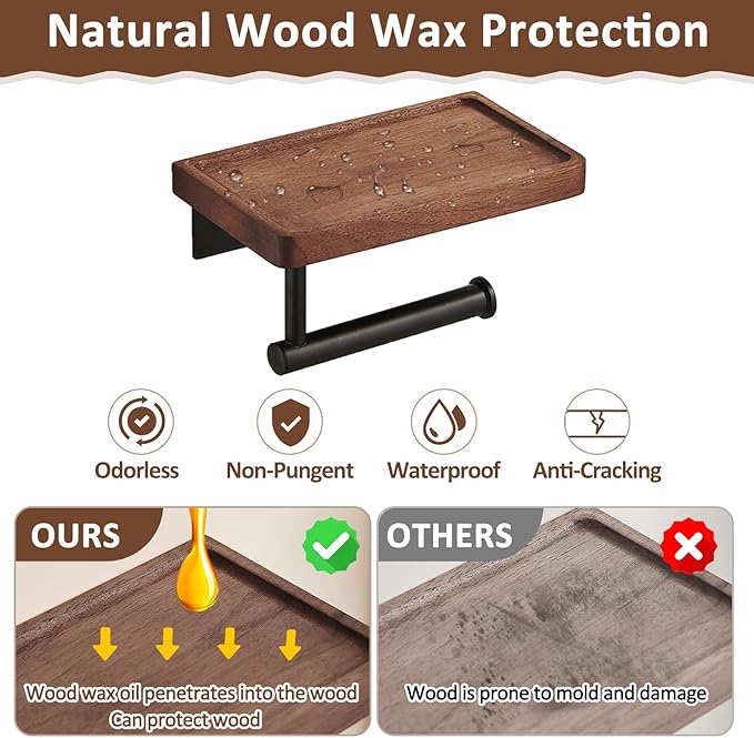 Toilet Paper Holder with Walnut Wood Shelf, Adhesive & Wall Mounted Toilet Paper Roll Holder, Black Stainless Steel Rustproof Toilet Paper Holder for Bathroom, Washroom, RV, Kitchen