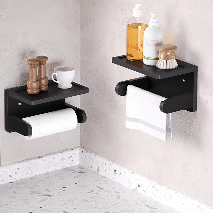 VERTORGAN 2 Pack Toilet Paper Holder with Phone Shelf,Bamboo Wall Mounted Tissue Roll Holder for Bathroom(Black)