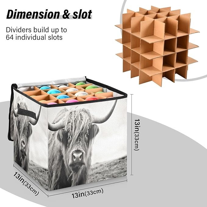 Kigai Highland Cow Christmas Ornament Storage Box with Zipper & Adjustable Dividers Holiday Ornament Organizer Xmas Storage Container, 64 Balls