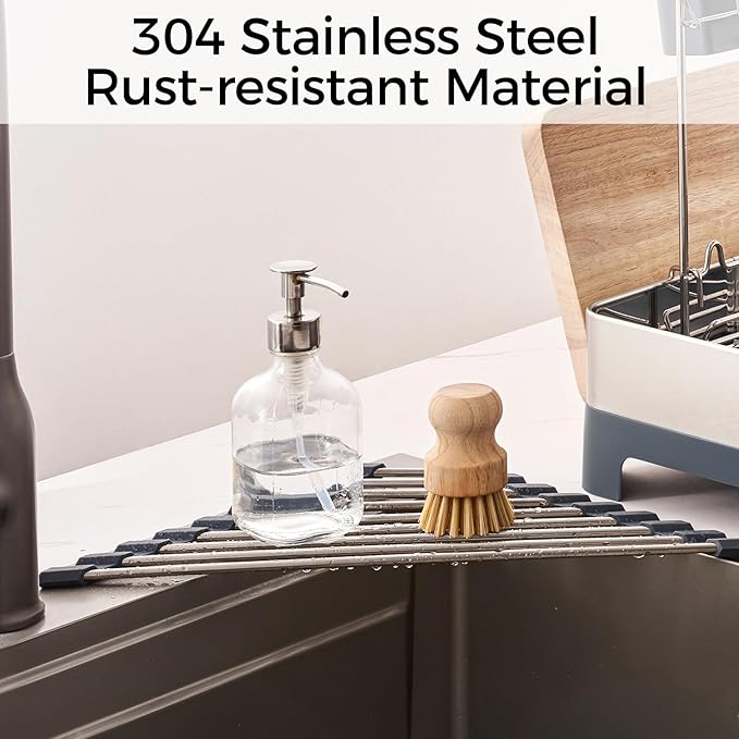 Stainless Steel Roll Up Dish Drying Rack, Over The Sink Dish Rack Rolling Dish Drainer, Foldable Sink Rack Mat for Kitchen Sink Corner