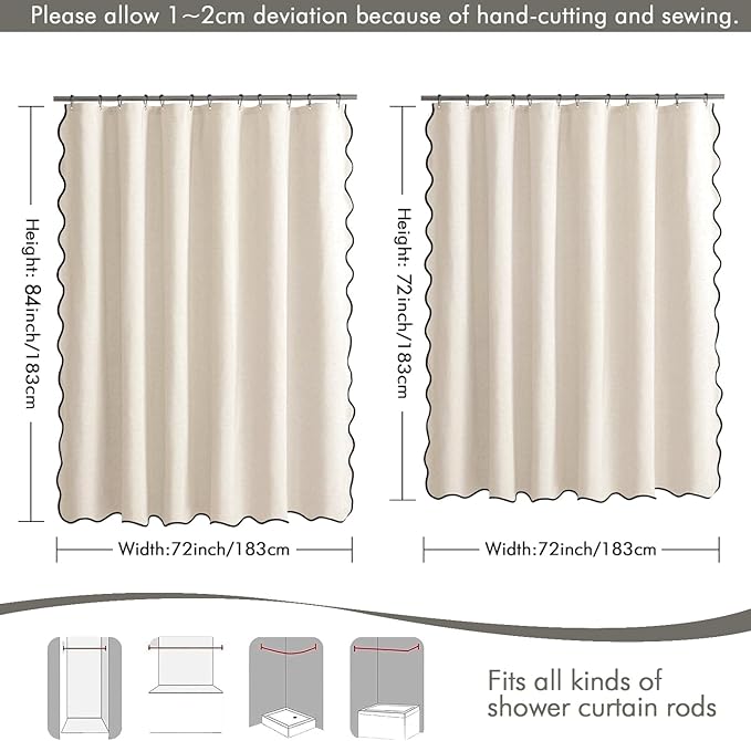 MIULEE 84" Long Scalloped Shower Curtain Linen Textured with 12 Metal Hooks Extra Long Heavy Duty Washable Waterproof Cloth Shower Curtains with Black Border for Bathroom Hotel Bathtub,Light Cream