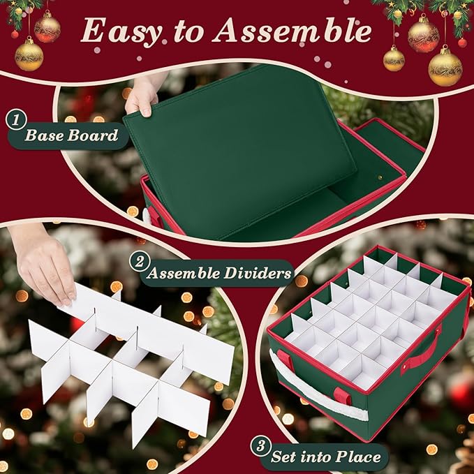 Christmas Ornament Storage Box with Adjustable Dividers Zippered Top Stores up to 72 Holiday Ornaments (3 Inch) Xmas Ball Decorations Organizer Storage Container Bin