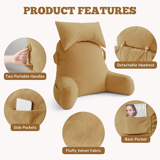 Unisakey Portable Reading Pillows with Headrest for Bed Sitting Up(Camel Oeko-Tex), Velvet Back Pillow with Arms & Pockets for Adults, Support Memory Foam Bed Pillow for Dorm/Reading/Watching/Gaming