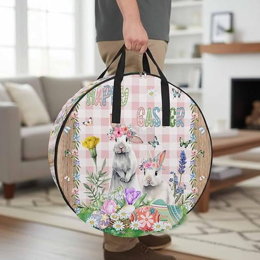 24 Inch Round Storage Bag 1 Pack,Spring Farm Easter Bunny and Flowers Waterproof Wreath Storage Container with Handles&Zipper Pink Buffalo Plaid Wood Grain Closet Organizer Bags Garland Box